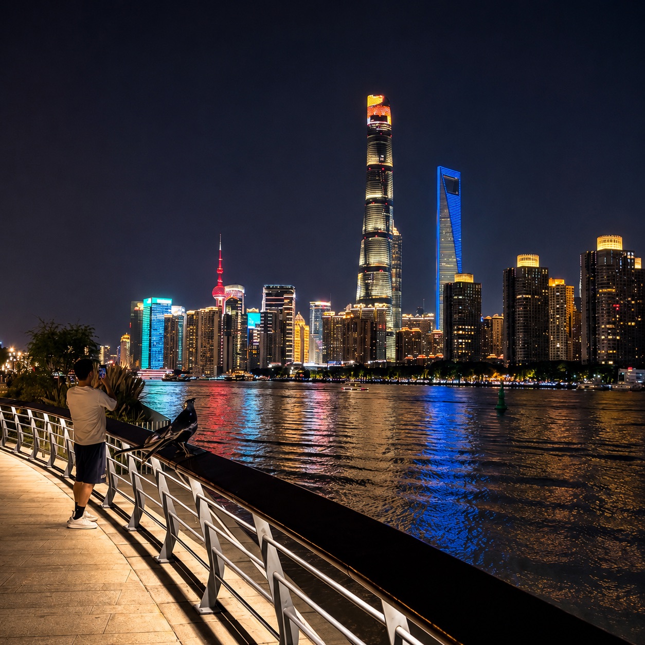 Shanghai skyline illuminated across the Huangpu River at night