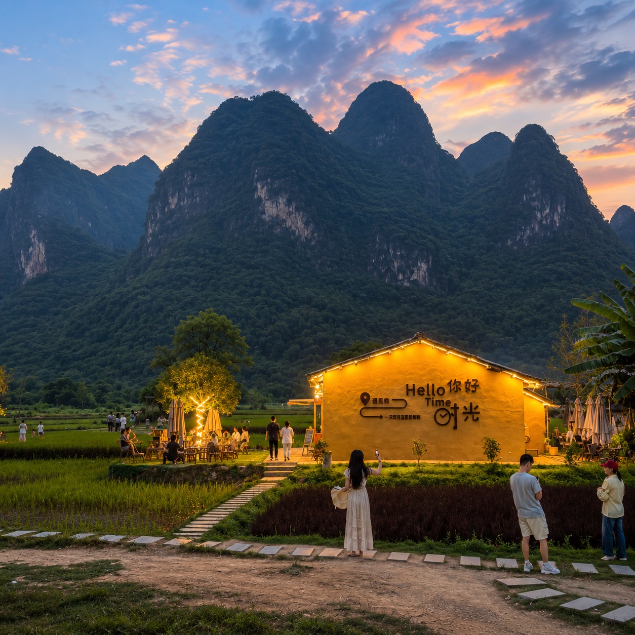 A warmly lit countryside café beneath dramatic karst mountains