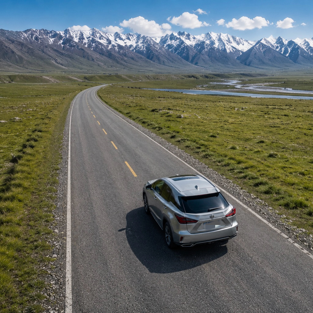 A Lexus SUV travelling along an open road towards snow-capped mountains